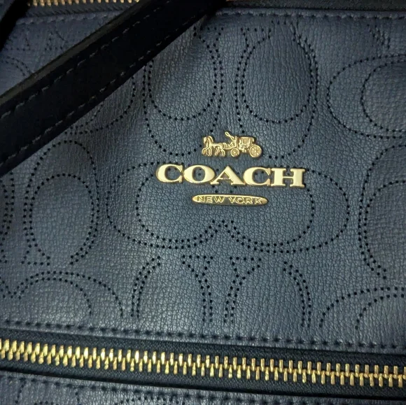Coach Gallery Navy Perforted Leather Tote with Gold Accents.1499 - Picture 7 of 13